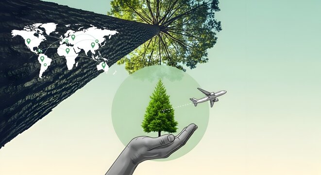 Global reforestation efforts visualized with a tree, world map, and airplane, symbolizing ecological restoration and sustainable air travel for a greener planet.