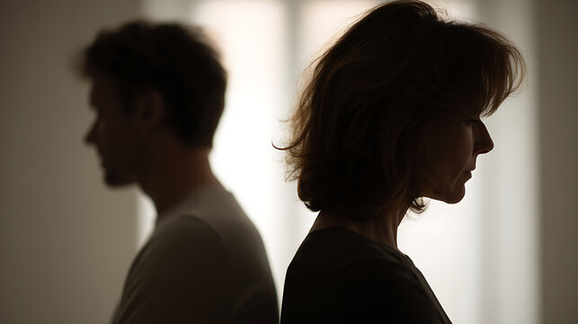 Silhouette of man and woman stand back to back, symbolizing relationship issues, conflict, separation, or emotional distance between partners
