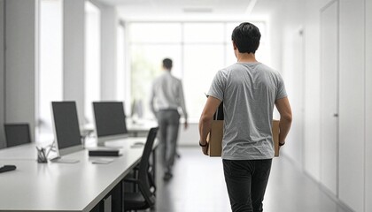 Fototapeta premium A man walks away in an office, carrying a cardboard box. conveying themes of job loss, change, and uncertainty in a contemporary office setting.