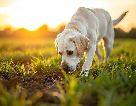 Perro cazador labrador blanco olfateando el suelo en campo de caza al atardecer con luz natural concepto de mascota, exploraci&oacute;n, instinto, naturaleza y caza al aire libre