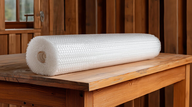 Rolled bubble wrap for pool protection at a country house, home pool cover and safety concept, with copy space