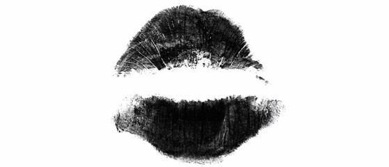 Detailed black lipstick kiss mark imprint isolated on a pure white background showing rich texture and defined edges of the lips to provide a striking visual element for creative design projects  © Abdelaziz