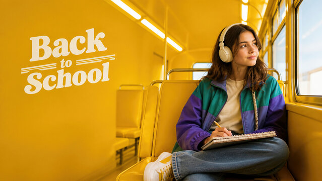 Young female student with headphones writing in notebook on a yellow school bus, back to school concept with retro text overlay