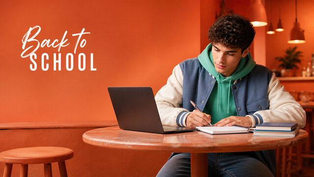 Young Male Student in Varsity Jacket Writing in Notebook with Laptop, Back to School Concept on Vibrant Orange Background