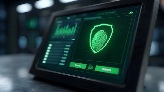 A high tech interface displaying a luminous green biometric shield and complex data graphs symbolizing digital security monitoring