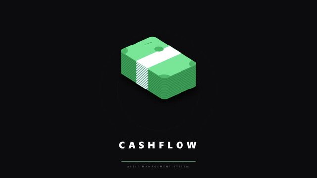 Green money bundle with white stripe on black background with cashflow text