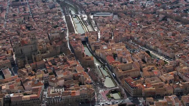 Aerial view of the old town of Narbonne in France on a sunny day in early spring.