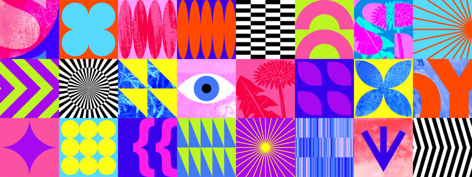 Abstract design poster set, trendy graphic cards with geometric and floral elements, summer collection. Vector illustration.