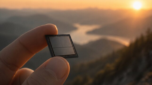 Hand holding advanced AI processor chip against scenic mountain landscape with winding river at golden sunset for technology and nature concept