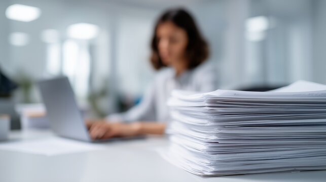 Office paperwork pile in foreground with employee working behind, document management, corporate administration and productivity background paperwork pile, document management, off