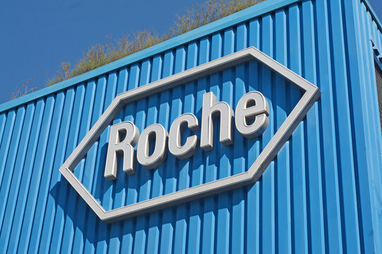 Roche comany sign on building facade in Rotkreuz, Switzerland
