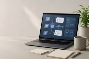 Fototapeta premium AI automation workspace with workflow dashboard and copy space