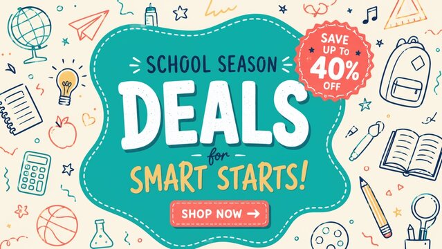 Back to School season deals sale banner with 40 percent off discount, featuring smart starts promotion surrounded by doodle school supplies.