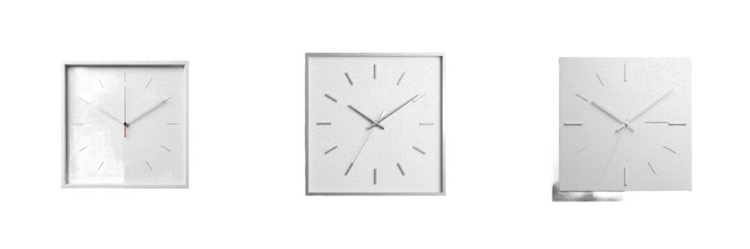 Modern Square Analog Wall Clock with Minimalist White Design Isolated on White Background, PNG