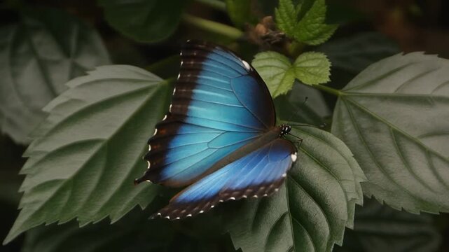 Vibrant Blue Morpho Butterfly Resting on Lush Green Leaves