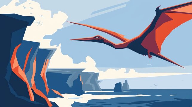Pterosaur flying over rocky prehistoric coastline