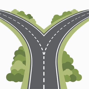Y-junction road split into two paths for strategic decision making. Simple flat vector of a highway dividing into two separate routes through the trees.