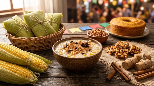 Traditional Brazilian Festa Junina food spread on rustic wooden table - corn products, sweets and typical desserts.
