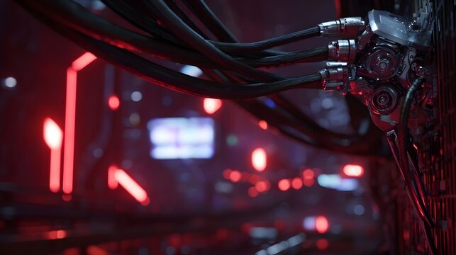 Close up view of complex industrial hinery and glowing cables in a neon lit futuristic environment