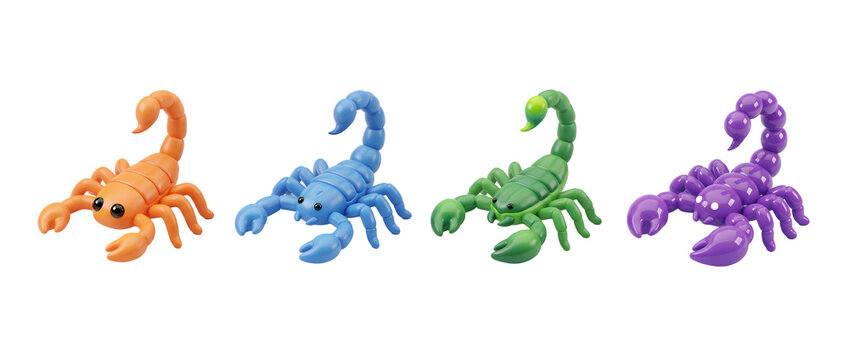 A bright collection of 3D cartoon-style scorpions with vibrant colors, showcasing playful design and character in the realm of whimsical creatures.