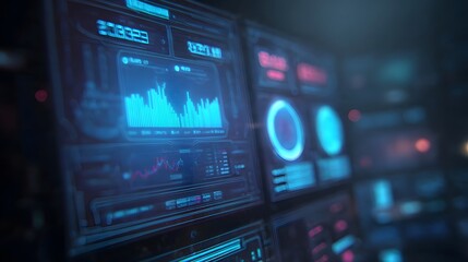 Fototapeta premium A complex holographic dashboard displaying glowing data graphs and technical readouts in a futuristic neon lit environment