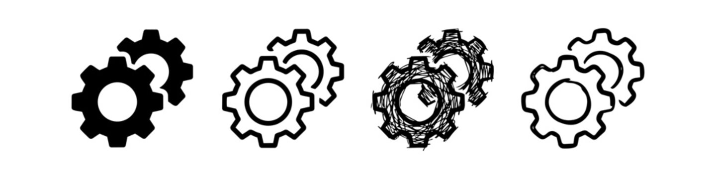 Set of Gear and Cogwheel Icons in Four Styles Including Flat Outline Hand Drawn Sketch and Brush Stroke for Industrial Engineering Design and Application Settings Interface Symbols
