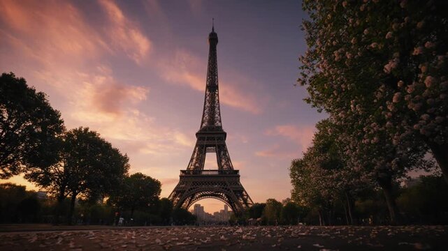 Eiffel Tower at Sunset in Paris with Falling Petals