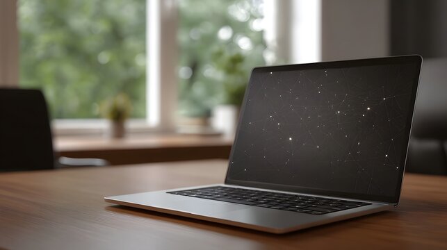 A modern workspace featuring a laptop displaying a glowing digital network map against a natural window view