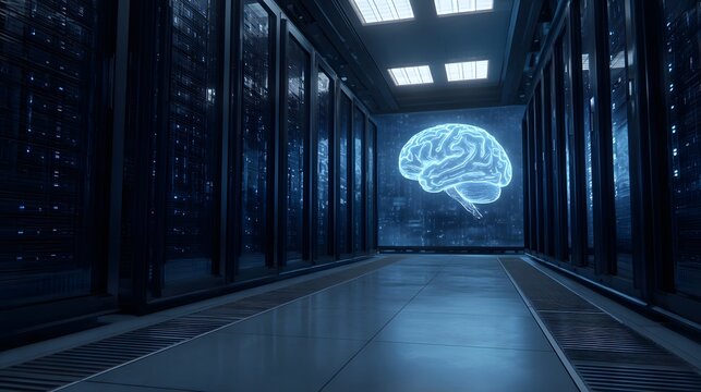 A glowing holographic brain displayed within a highly advanced illuminated technological corridor