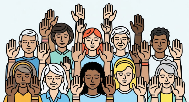 Diverse group of people raising their hands up together.
