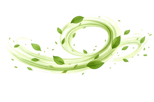 Dynamic swirling green leaves in wind, organic motion trail with fresh tea leaves, natural breeze effect for herbal skincare and eco-friendly branding isolated on White Background