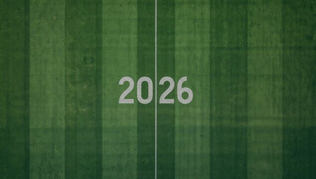 Campo de futebol com o n&uacute;mero 2026 pintado em branco, visto de cima