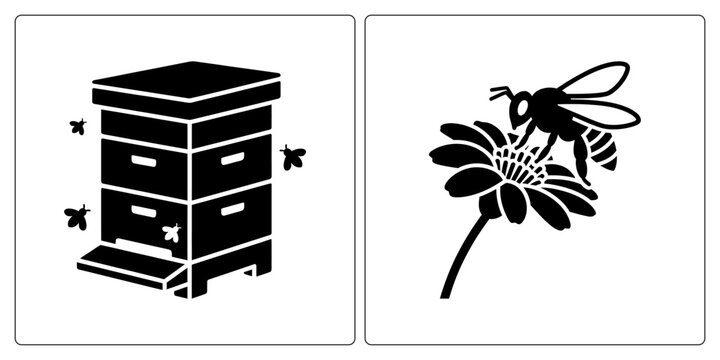 vector illustration of a bee and hive icons in flat design style