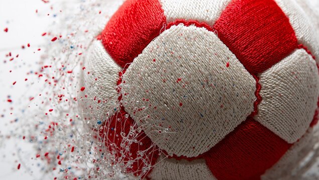 Bola de futebol artesanal com detalhes em vermelho e branco em movimento