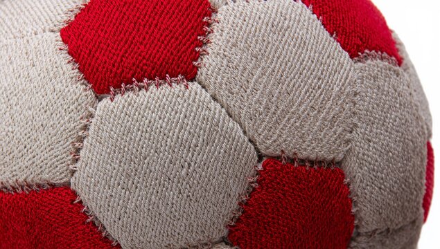 Bola de futebol artesanal com bordados detalhados em vermelho e bege
