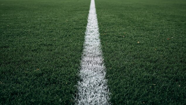 Linha branca em campo de futebol gramado, foco na grama e na marca&ccedil;&atilde;o