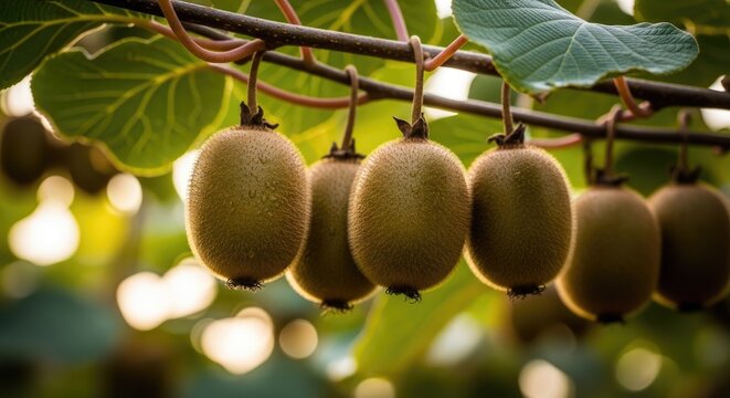 Kiwi fruit hanging from trees close up of ripe actinidia deliciosa on branch
