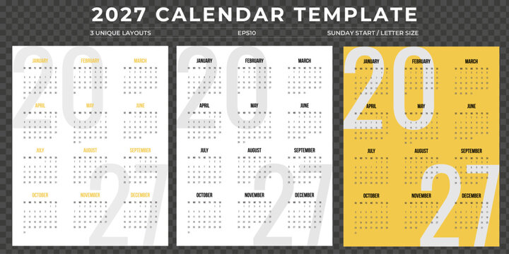 2027 calendar template set, Sunday start, 3 annual vertical layouts modern typography design