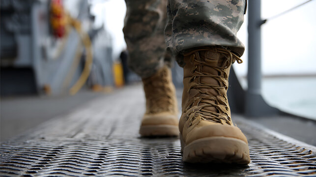 Close-up of a person's combat boots and camouflage trousers, representing military life, tactical gear, and strong dedication on a metal deck