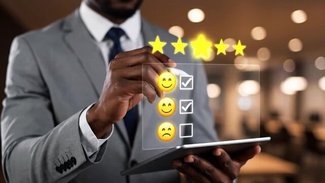 businessman using digital tablet to select customer satisfaction feedback survey with smiley face icons