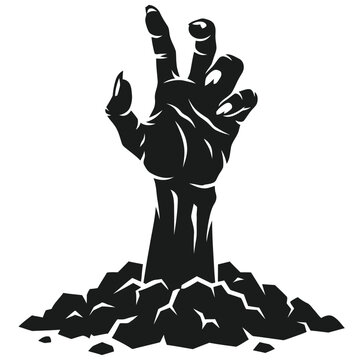 Zombie Hand Rising from Ground Halloween Silhouette Isolated on White Background
