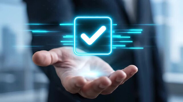businessman holding glowing holographic check mark icon for quality control and approval concept