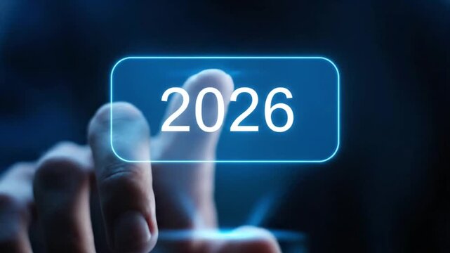 close up of hand touching glowing futuristic virtual display with year 2026 text button