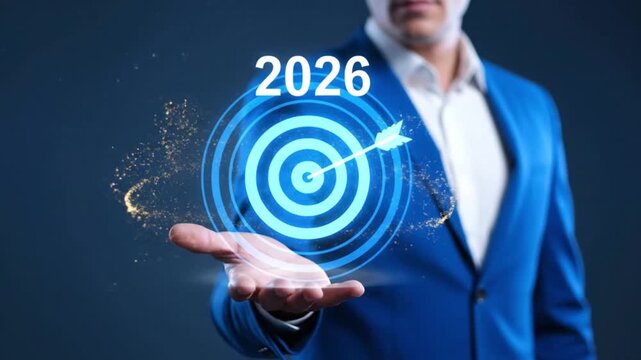 businessman holding glowing virtual target and arrow hologram with 2026 text above his open hand