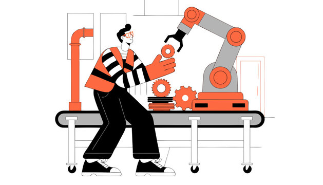 Factory Worker Robot Arm Automation Assembly Line Manufacturing Vector
