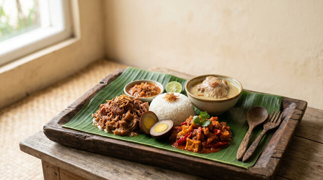 Complete Javanese gudeg Jogja set with jackfruit stew, chicken opor and rice
