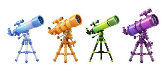 Fototapeta premium This image presents a clean 3D design collection of telescopes in vibrant colors, highlighting their modern aesthetics and functionality for aspiring astronomers.