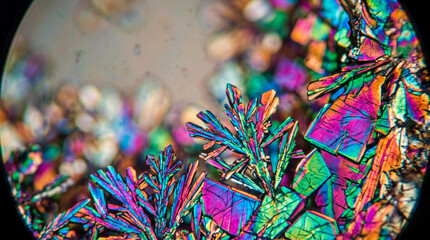 Fototapeta premium Vibrant, abstract crystalline structures captured under a microscope.
