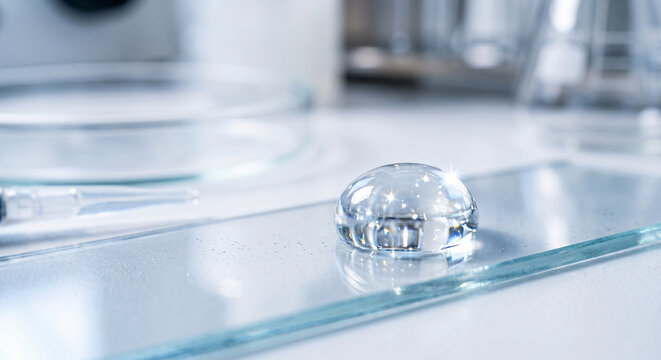 Crystal clear water droplet resting on a glass slide in a laboratory