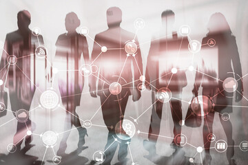 Fototapeta na wymiar Industrial innovation and automation technology with silhouettes digital network manufacturing. Business infrastructure diagram with hierarchical structure.
